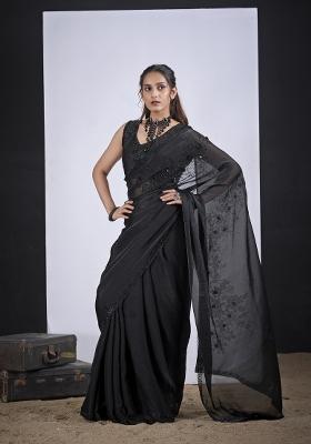 Black Hand Work Silk Blend Saree Set