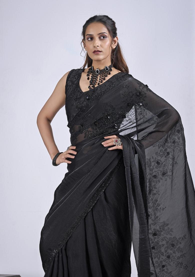 Black Hand Work Silk Blend Saree Set - Indya