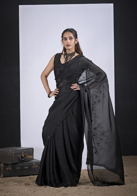 Black Hand Work Silk Blend Saree Set
