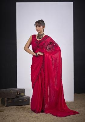 Rani Pink Hand Work Silk Blend Saree Set