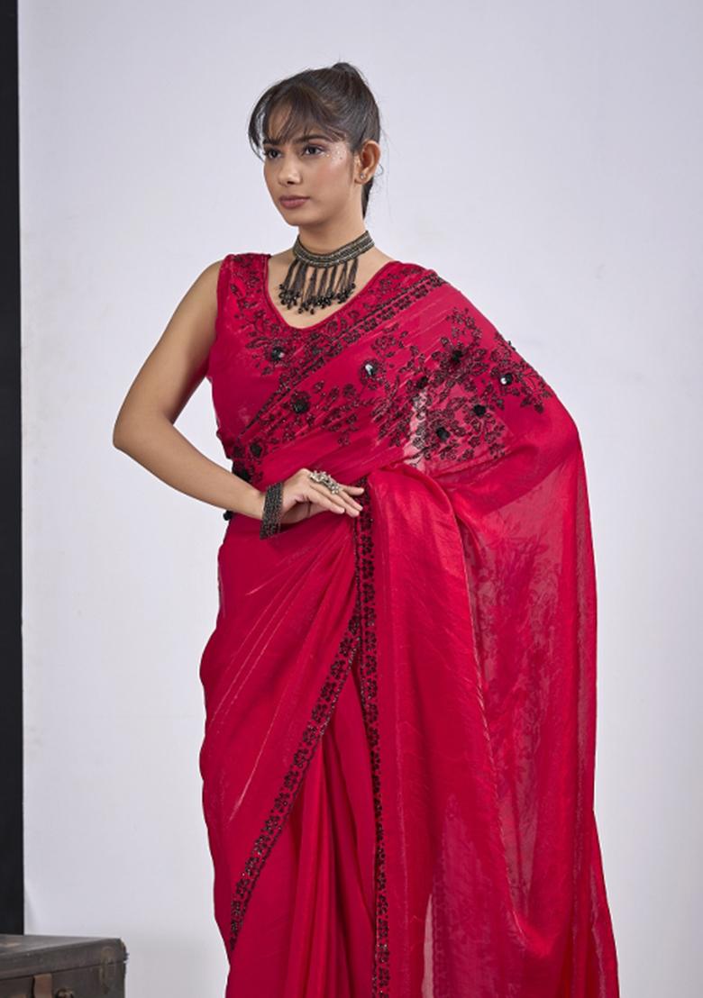 Rani Pink Hand Work Silk Blend Saree Set - Indya
