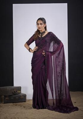 Wine Hand Work Silk Blend Saree Set