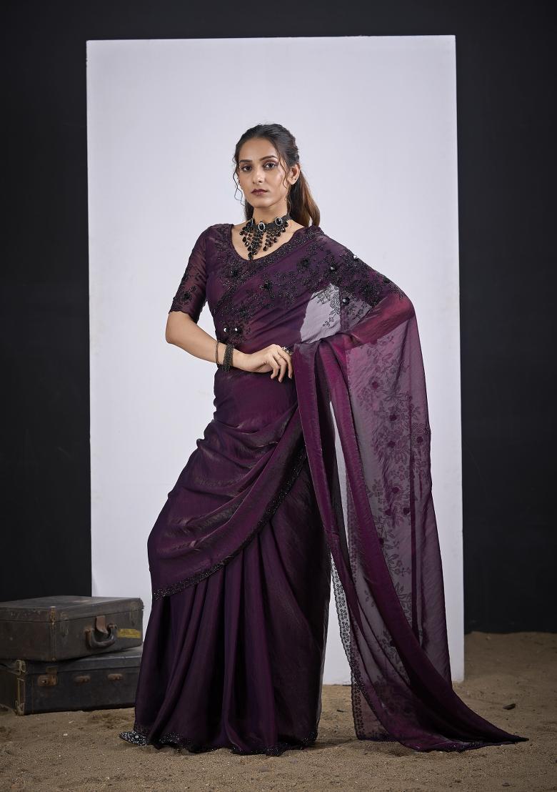 Wine Hand Work Silk Blend Saree Set - Indya