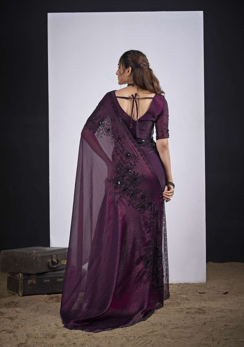 Wine Hand Work Silk Blend Saree Set - Indya