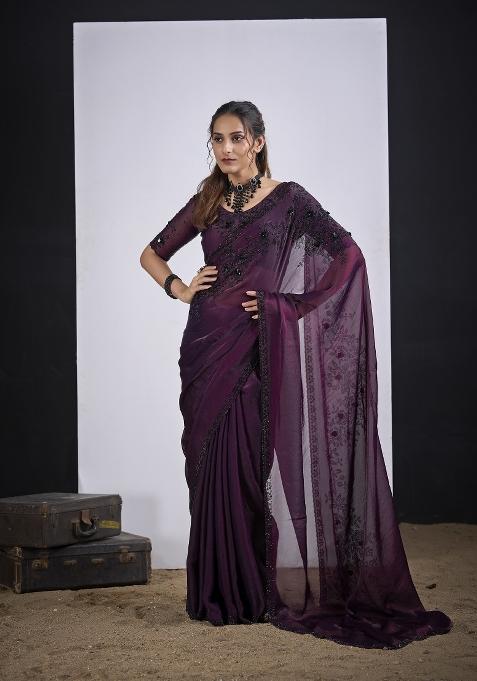 Wine Hand Work Silk Saree Set