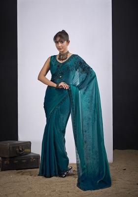 Rama Hand Work Silk Blend Saree Set