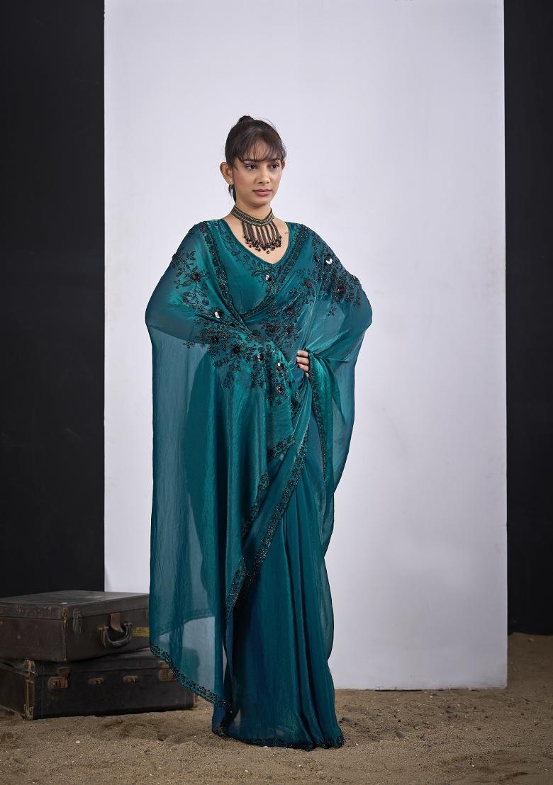 Rama Hand Work Silk Blend Saree Set - Indya