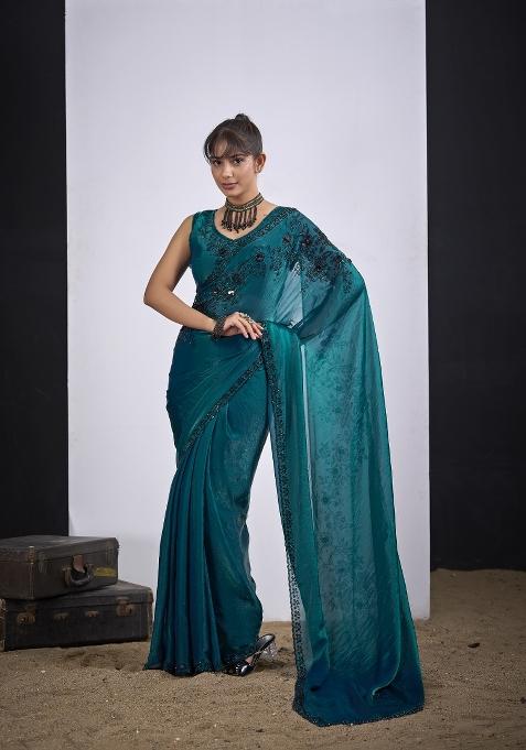 Rama Hand Work Silk Blend Saree Set