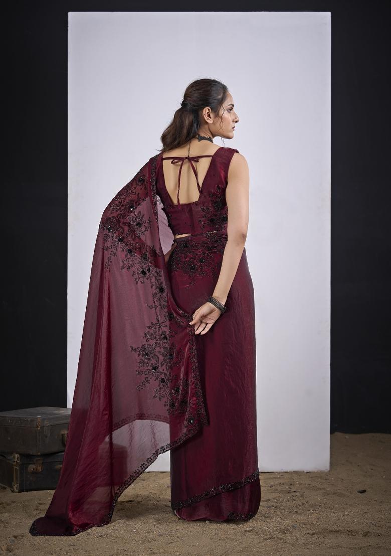 Maroon Hand Work Silk Blend Saree Set - Indya
