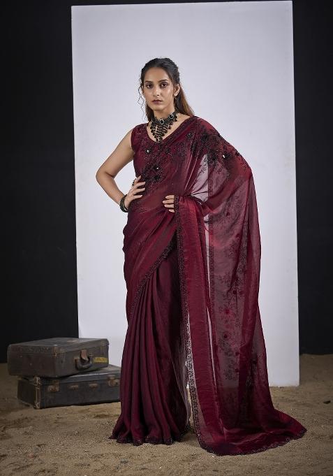 Maroon Hand Work Silk Blend Saree Set