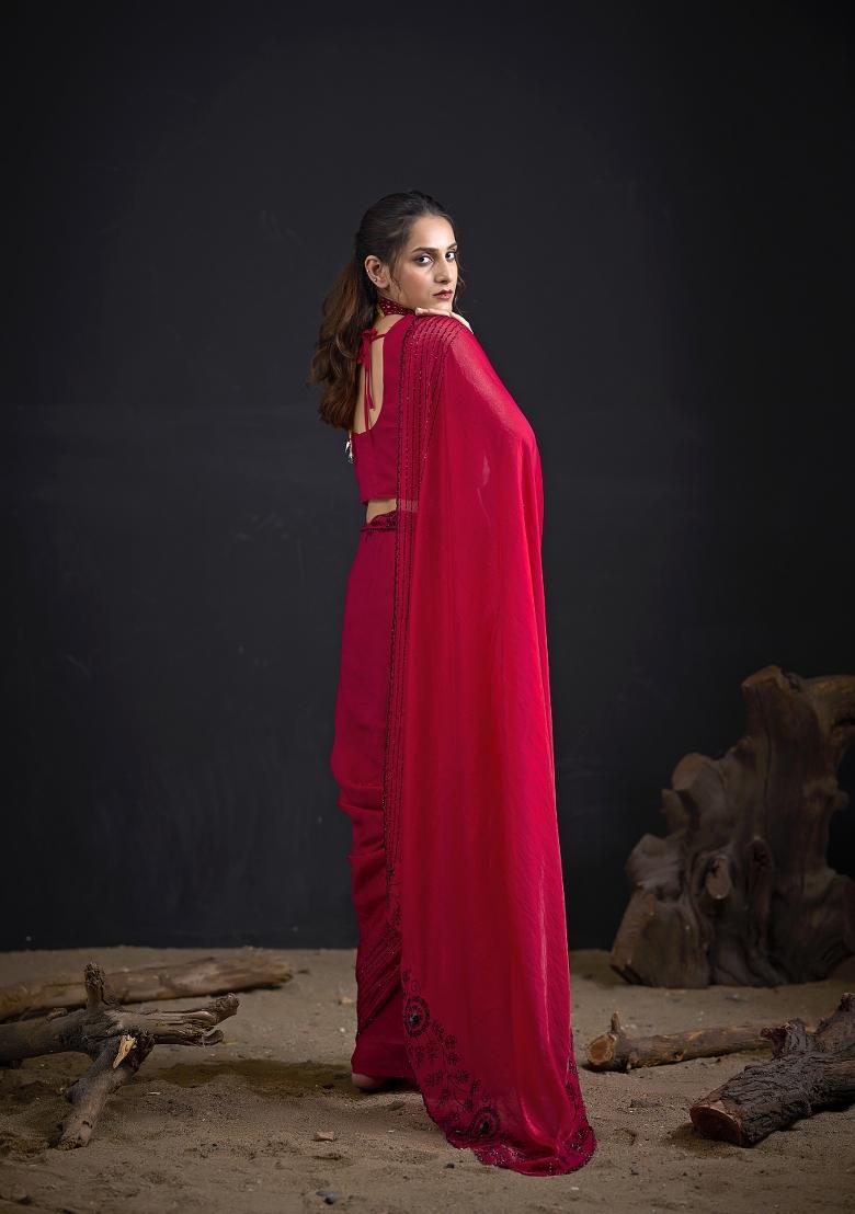 Rani Pink Hand Work Silk Blend Saree Set - Indya