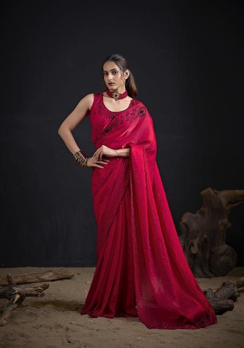 Rani Pink Hand Work Silk Blend Saree Set