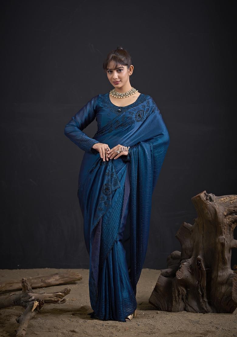 Morpeach Hand Work Silk Blend Saree Set - Indya