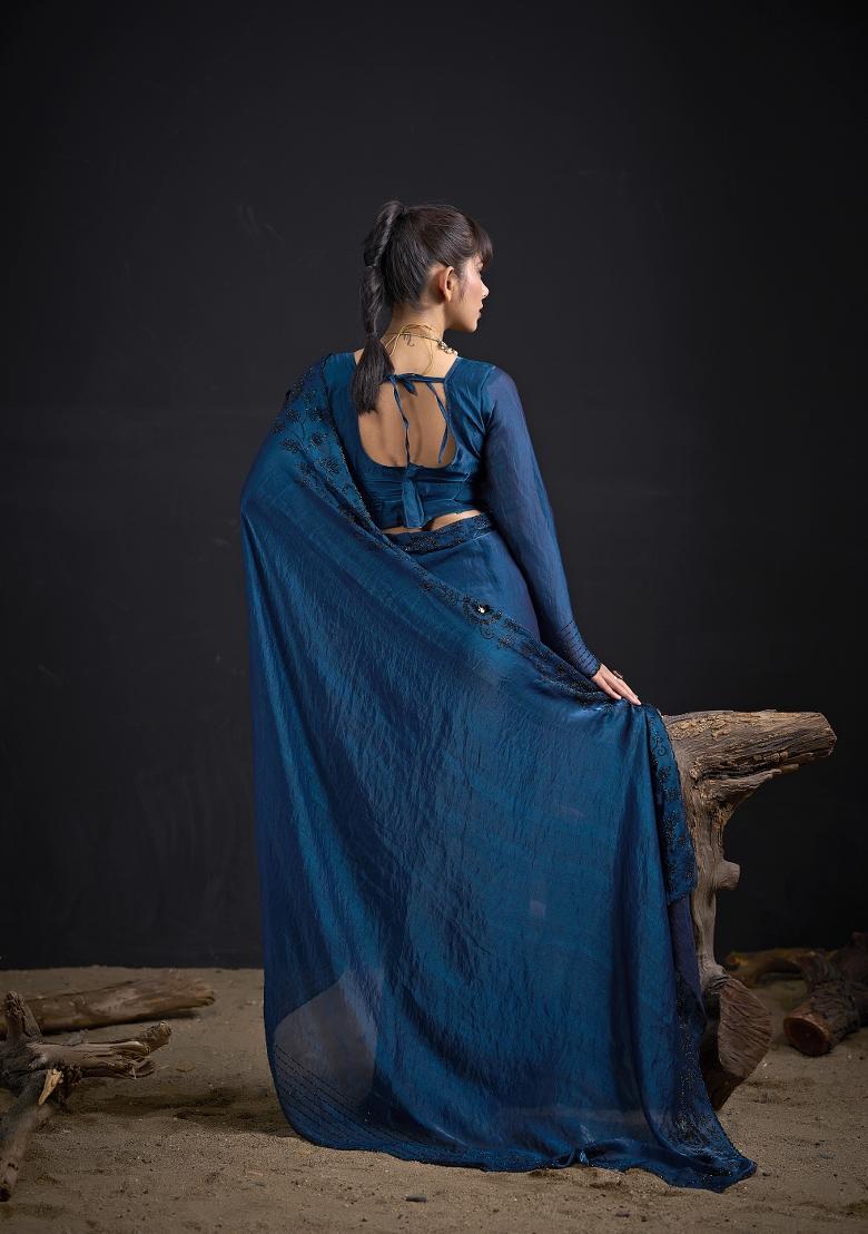 Morpeach Hand Work Silk Blend Saree Set - Indya