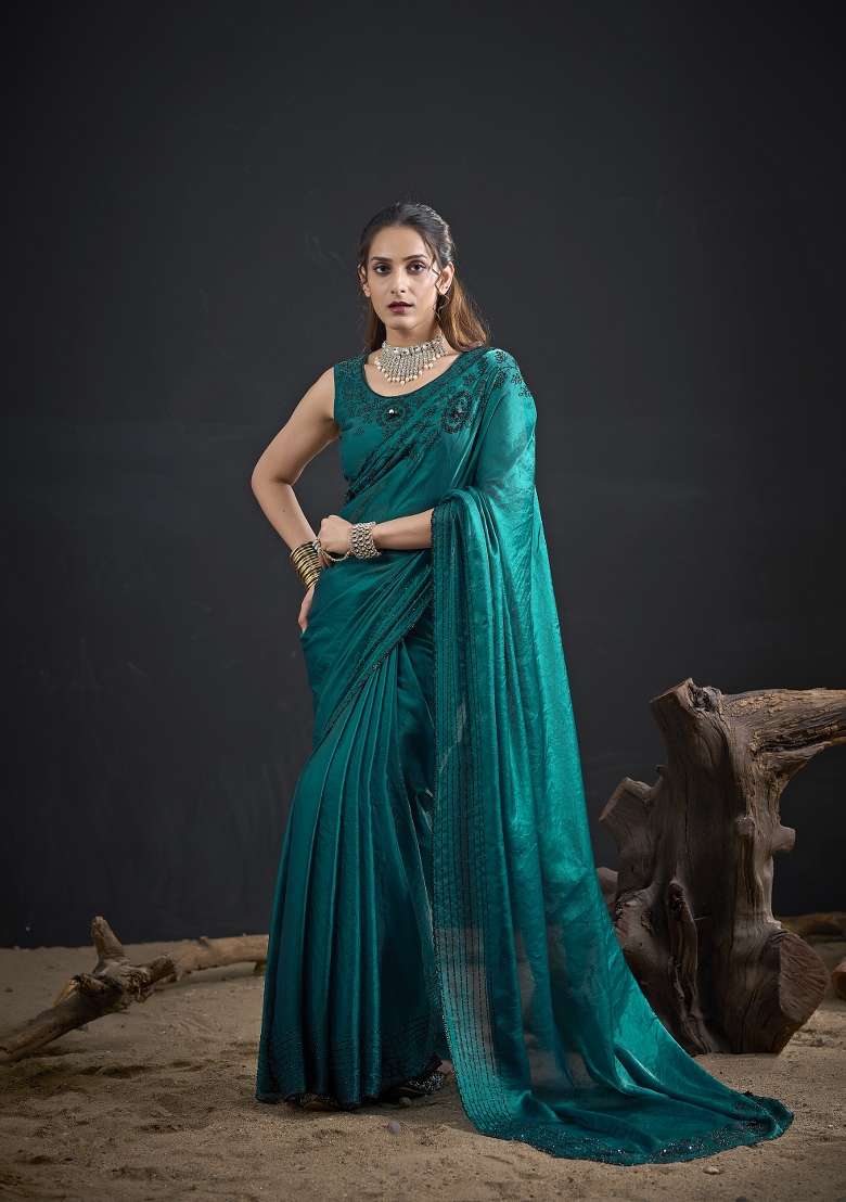Rama Hand Work Silk Blend Saree Set - Indya