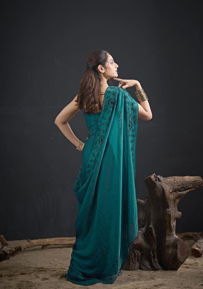 Rama Hand Work Silk Blend Saree Set - Indya