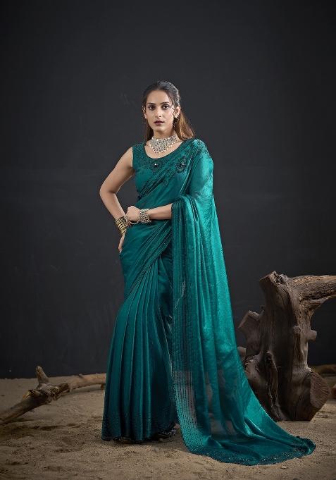 Rama Hand Work Silk Blend Saree Set