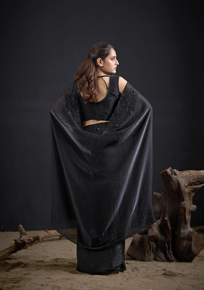 Black Hand Work Silk Blend Saree Set - Indya
