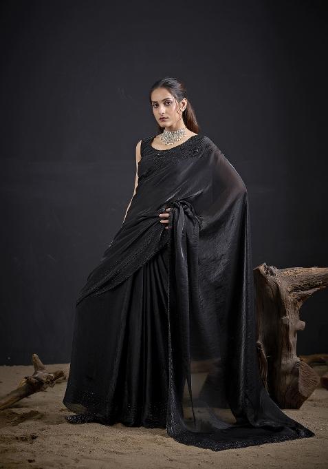 Black Hand Work Silk Saree Set