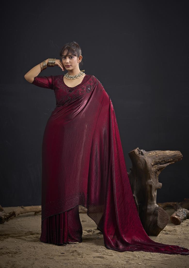 Maroon Hand Work Silk Blend Saree Set - Indya