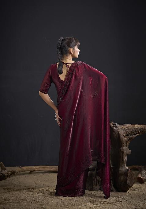 Maroon Hand Work Silk Blend Saree Set