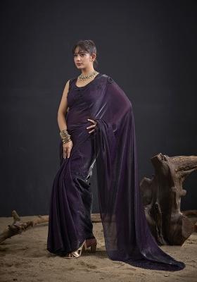 Purple Hand Work Silk Blend Saree Set
