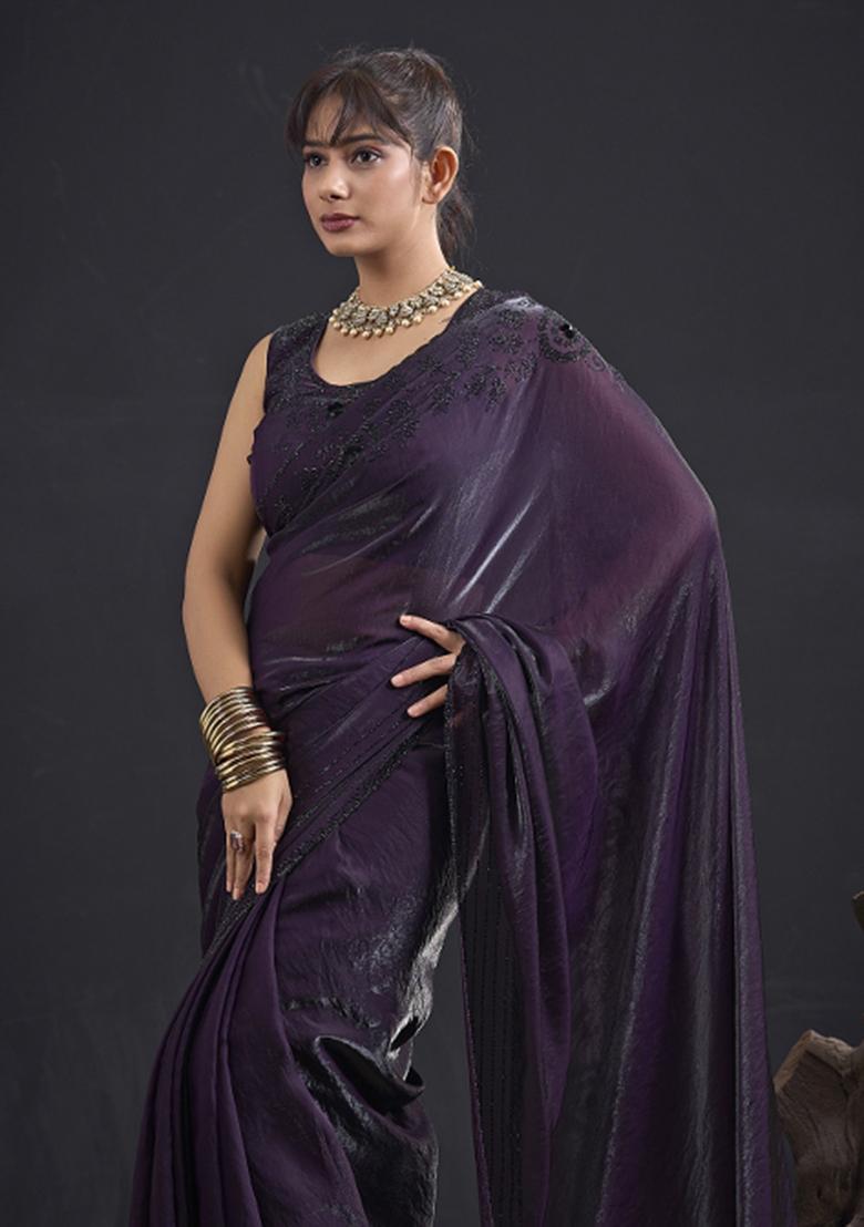 Purple Hand Work Silk Blend Saree Set - Indya