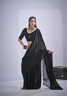 Black Hand Work Silk Blend Saree Set