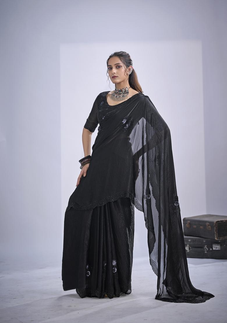 Black Hand Work Silk Blend Saree Set - Indya
