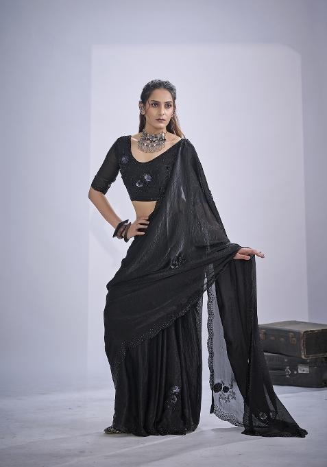 Black Hand Work Silk Saree Set