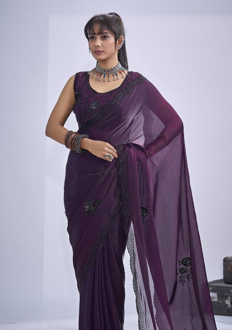 Purple Hand Work Silk Blend Saree Set - Indya