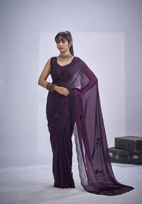 Purple Hand Work Silk Saree Set