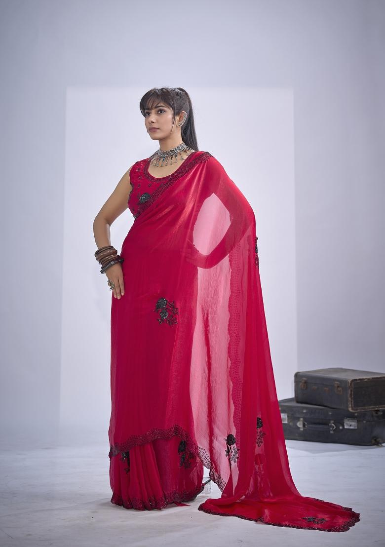 Rani Pink Hand Work Silk Blend Saree Set - Indya