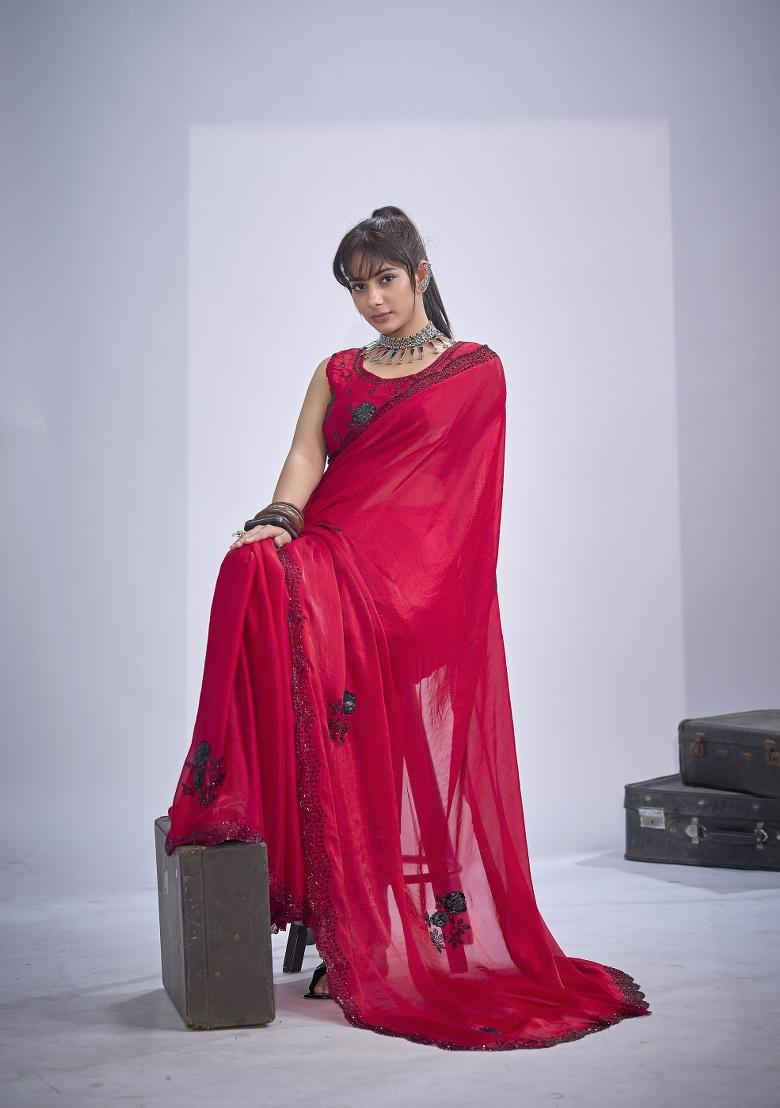 Rani Pink Hand Work Silk Blend Saree Set - Indya