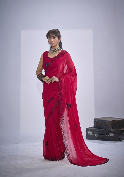 Rani Pink Hand Work Silk Blend Saree Set