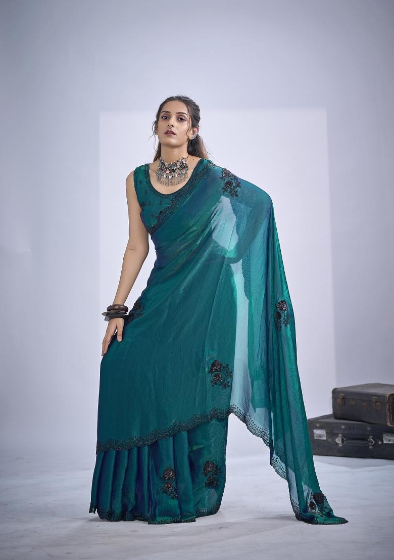 Rama Hand Work Silk Blend Saree Set - Indya
