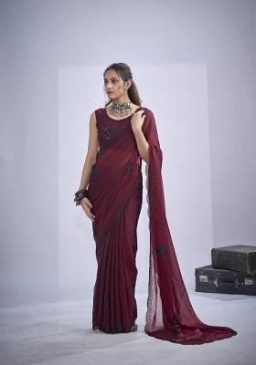 Maroon Hand Work Silk Blend Saree Set