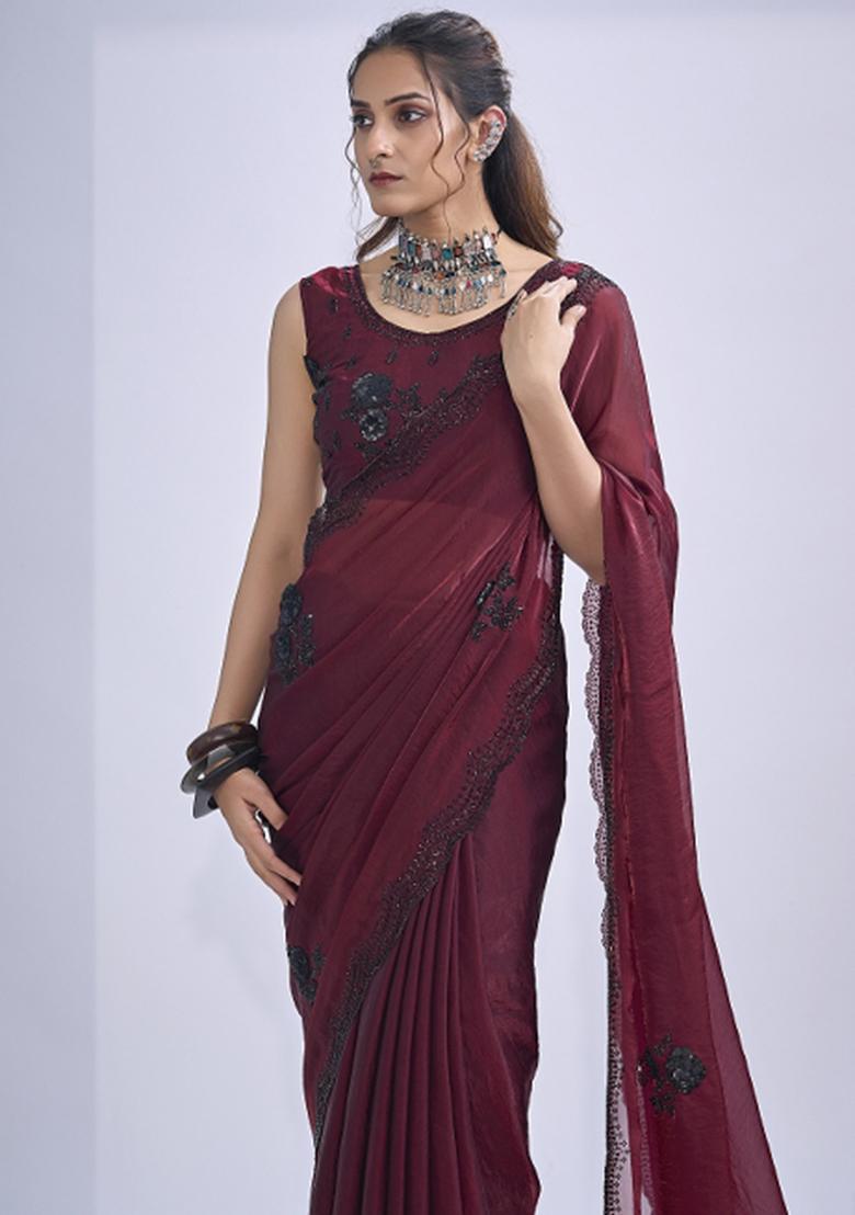 Maroon Hand Work Silk Blend Saree Set - Indya
