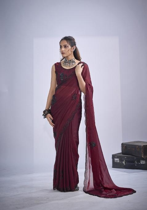 Maroon Hand Work Silk Blend Saree Set