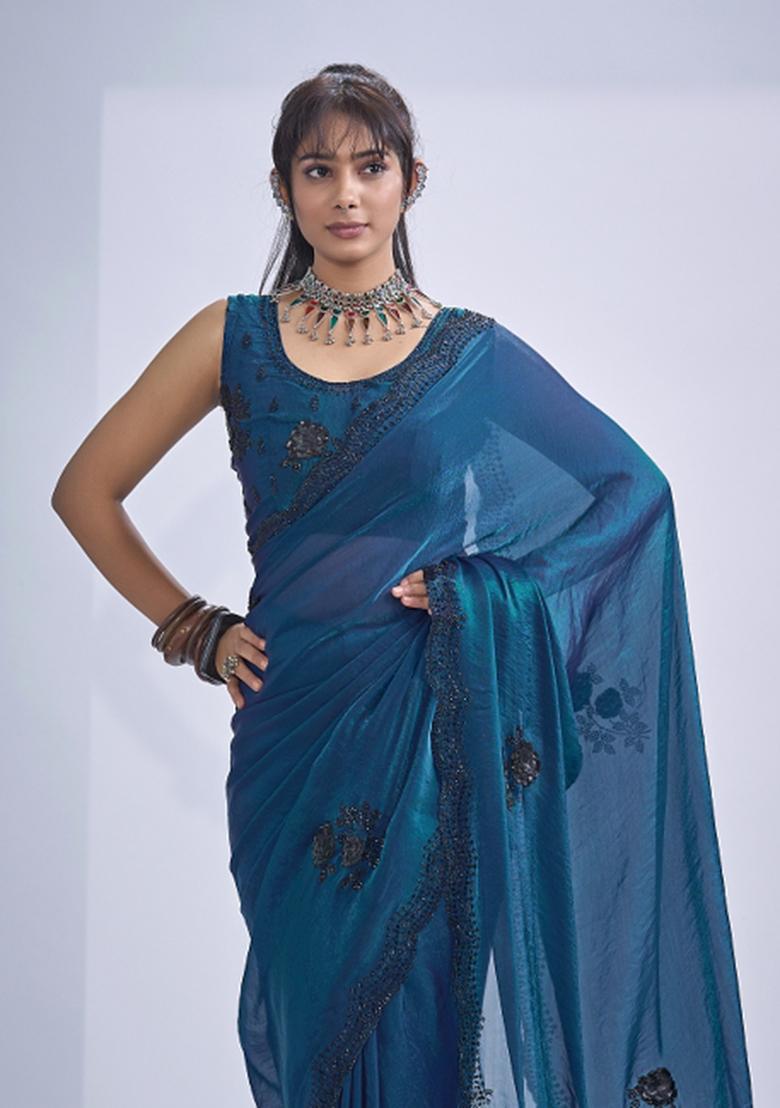 Morpeach Hand Work Silk Blend Saree Set - Indya