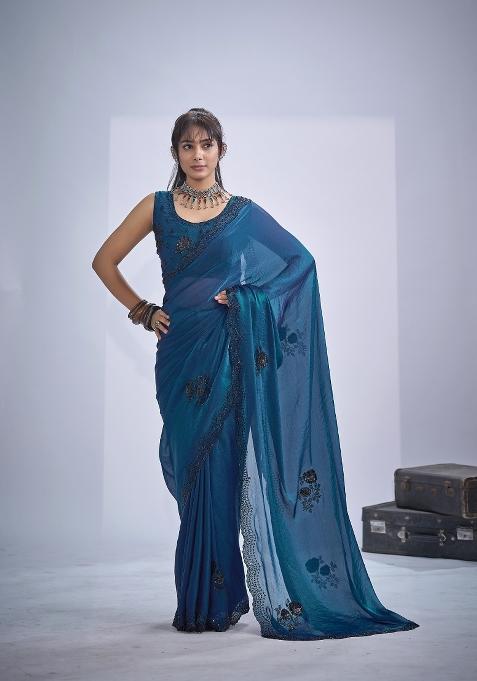 Morpeach Hand Work Silk Saree Set