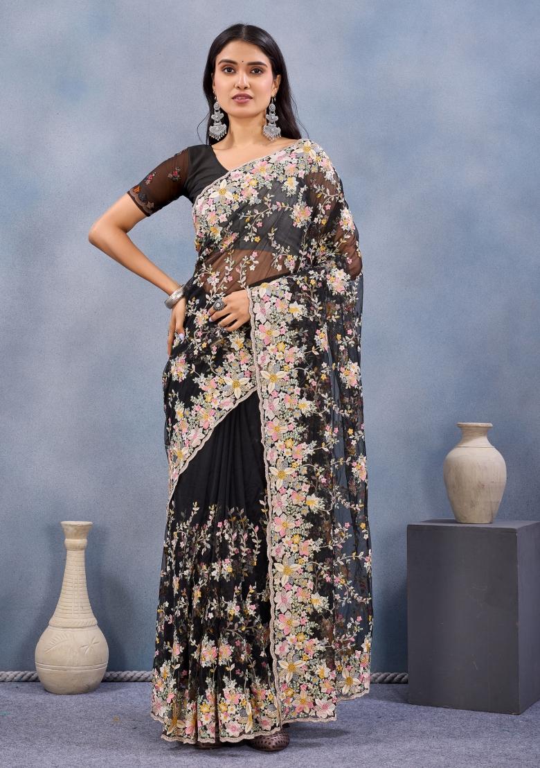 Black Embroidered Net Saree Set - Indya
