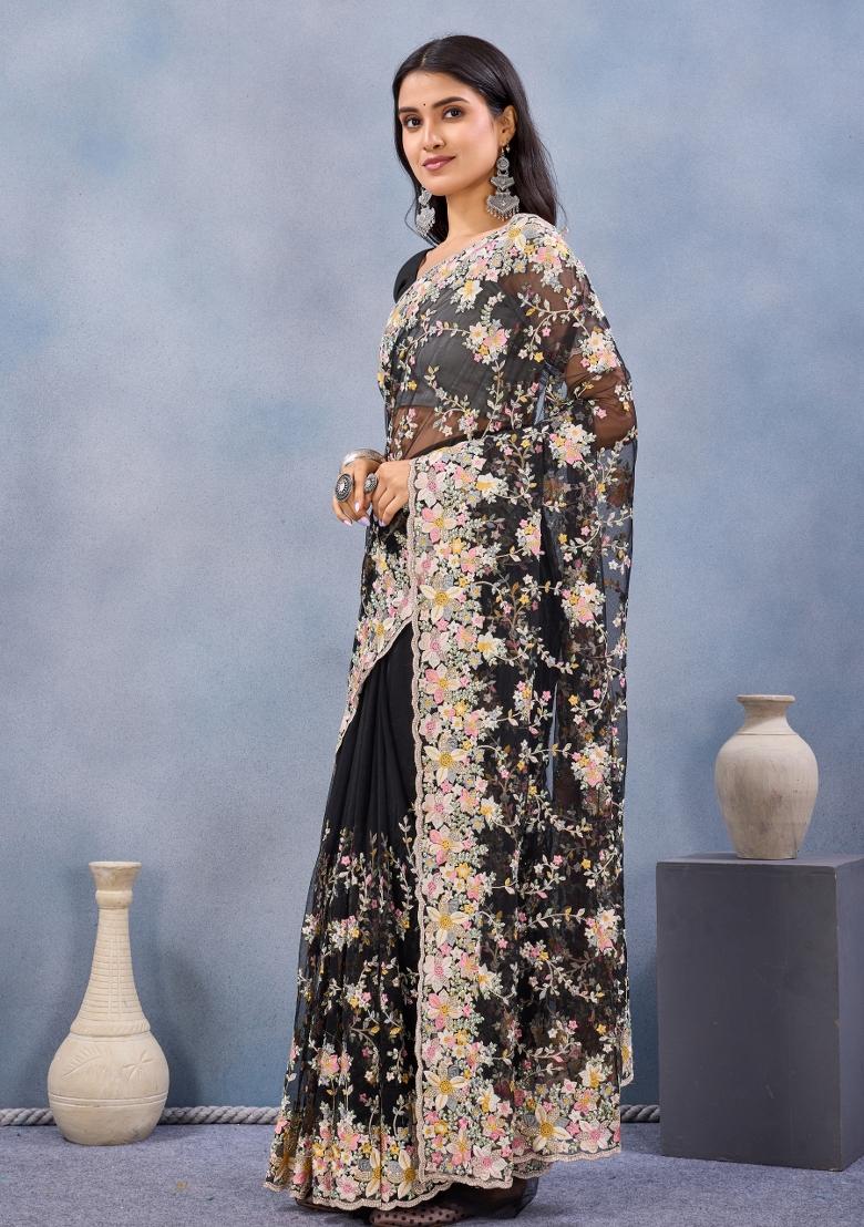Black Embroidered Net Saree Set - Indya