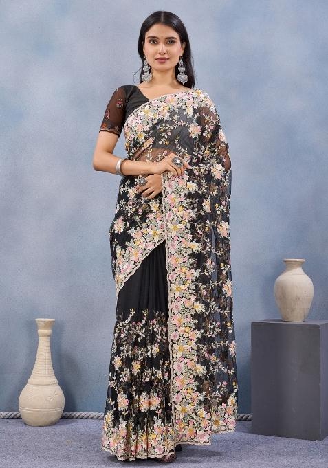 Black Embroidered Net Saree Set