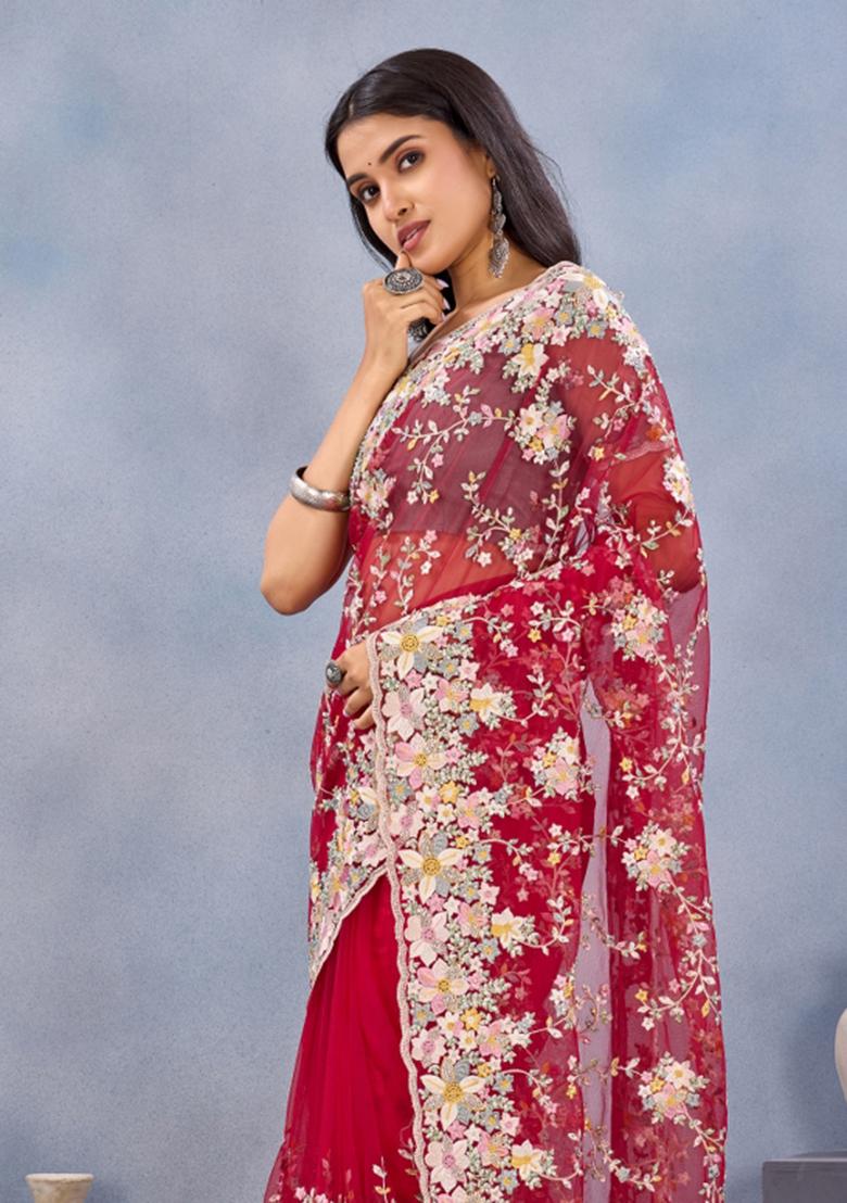 Red Embroidered Net Saree Set - Indya