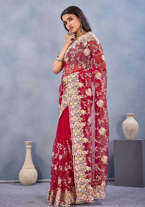 Red Embroidered Net Saree Set