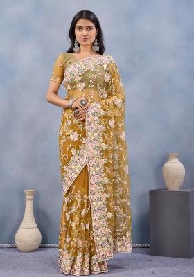Mustard Embroidered Net Saree Set