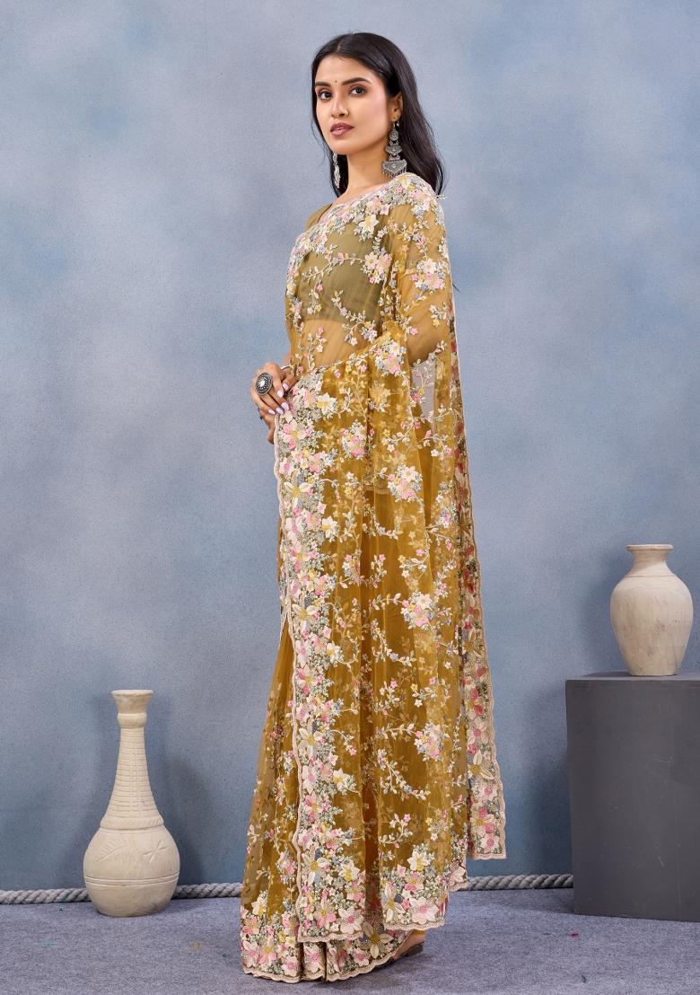 Mustard Embroidered Net Saree Set - Indya