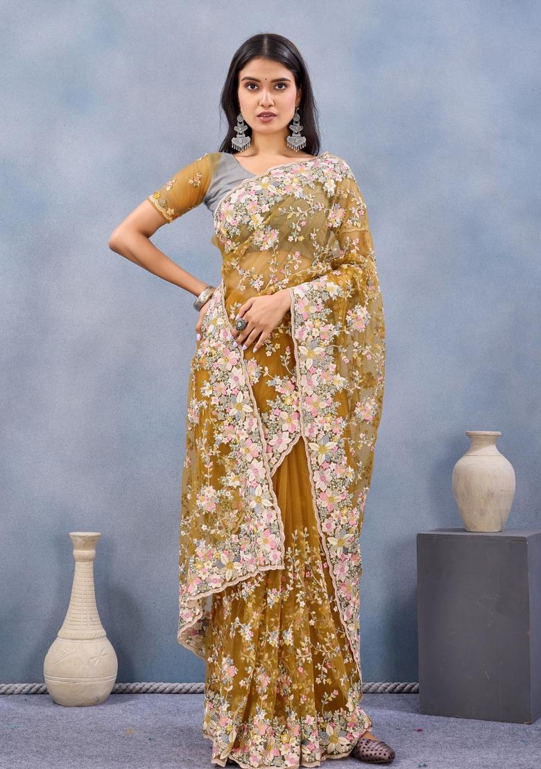 Mustard Embroidered Net Saree Set - Indya
