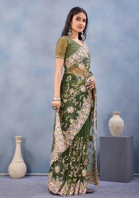 Mehendi Embroidered Net Saree Set